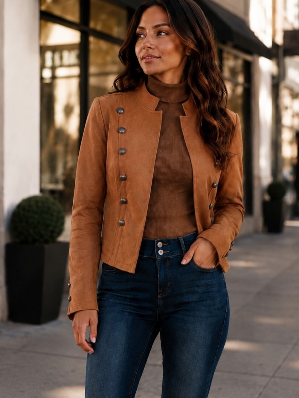 Military Style Faux Suede Jacket Camel Decorative Buttons Tailored Blazer XXL